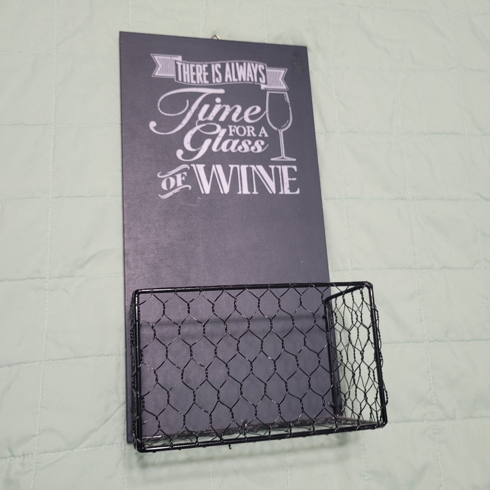 THERE'S ALWAYS TIME FOR WINE cork basket mail basket keys Wall Basket and Sign